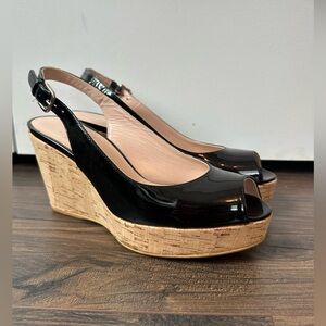 Stuart Weitzman Jean Patent Leather Slingback Wedge Sandals Black (Size 7.5)